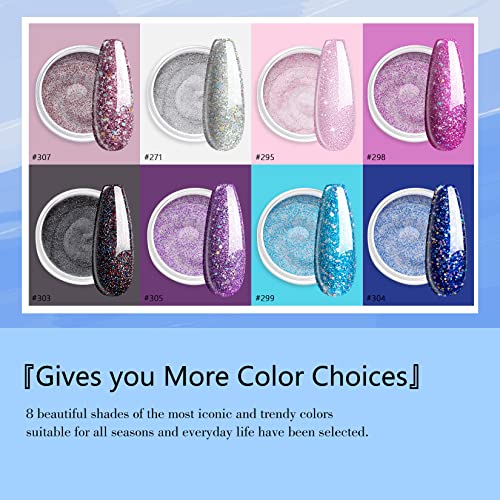 8 Colours Dip Powder Nail Kit, Glitters Color Nail Dipping Powder Set with Base/Top Coat, Activator and Brush Saver, Nail Powder Dip Kit Home DIY