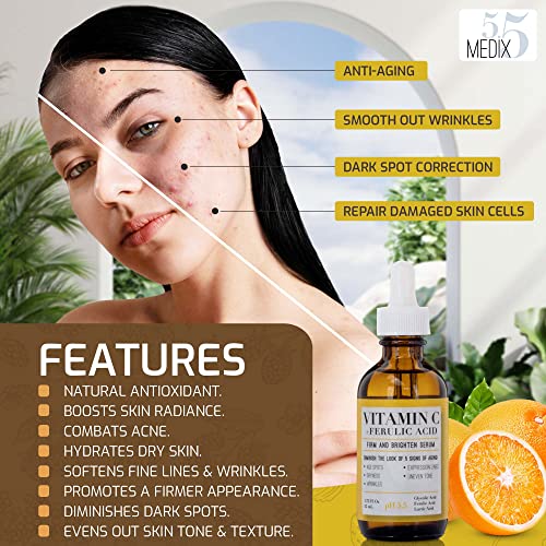 Medix 5.5 Vitamin C Serum with Glycolic Acid, Ferulic Acid and Lactic Acid. Skin Face Serum for Dark Spots, Wrinkles, Skin Discoloration, and Dry