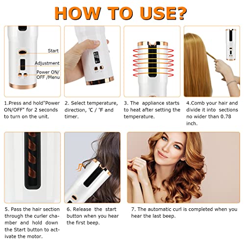 Cordless Auto Curling Iron, Topretty Hair Wand Curling LCD Display & USB Rechargeable Anti-Tangle Hair Curlers for Long Hair Adjustable Temperatu