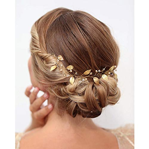 Cathercing Bridal Wedding Headband Hair Vine Headdress Gold Leaf Hair Band Vintage Long Bridal Headband Hair Accessories for Bride Hair Clips for