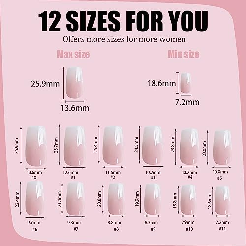 LADYING 24 Pcs Gel False Nails Short,Square Soft Gel Press on Nails French Pattern,Gradient White Fake Nails Short with Nail Glue, UV Finish Squo