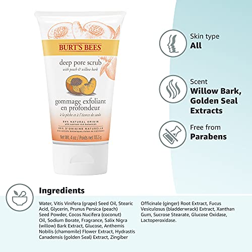 Burt's Bees 99.9% Natural Peach and Willow Bark Deep Pore Exfoliating Facial Scrub, 113.3 grams