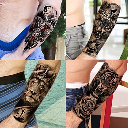Bilizar 63 Sheets Tribal Wolf Lion Tiger Temporary Tattoos For Men Women Adults, Scary Halloween Skull Gangster Fake Tattoo Stickers Kids, Small