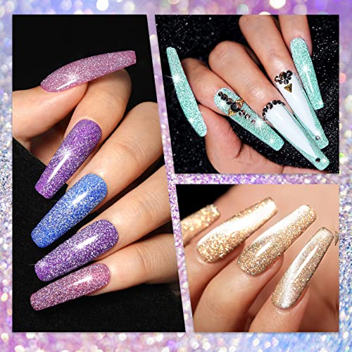INPING Reflective Glitter Gel Nail Polish, 6 Colours Sparkly Shiny Diamond Flash In Darknight UV Polish, Sliver Gold Purple Blue Pink Green Disco