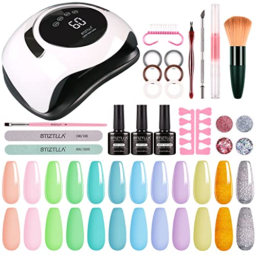 Btiztlla Gel Nail Polish Kit with 120W LED Light, 12 Colors White Nude Glitter Gel Nail Polish Set, UV LED Nail Lamp, No Wipe Base Top Coat, Mani