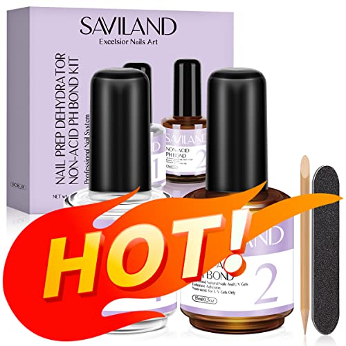 Saviland Nail Prep Dehydrate and Acid-free Primer, Fast Air Dry Long-Lasting Superior Bonding Nail Prep Set for Gel Nail Polish,Acrylic Powder et