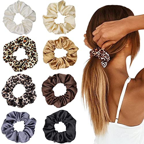 LIHELEI 8PCS Women Hair Scrunchies, Leopard Silk Satin Ponytail Holder, Solid Color Elastic Hair Bands Scrunchy Hair Ties Ropes for Women Girls L