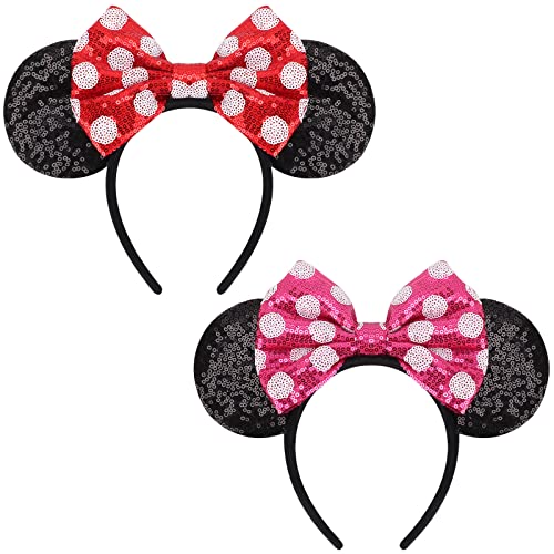 DRESHOW 2 Pack Mouse Ears Bow Headbands Glitter Party Decoration Cosplay Costume for Girls & Women