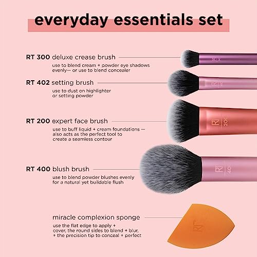 REAL TECHNIQUES,5 Count (Pack of 1) Everyday Essentials Makeup Brush Complete Face Set (Miracle Complexion Sponge, Expert Face, Blush, Setting an
