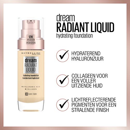 Maybelline Foundation, Dream Radiant Liquid Hydrating Foundation with Hyaluronic Acid and Collagen - Lightweight, Medium Coverage Up to 12 Hour H