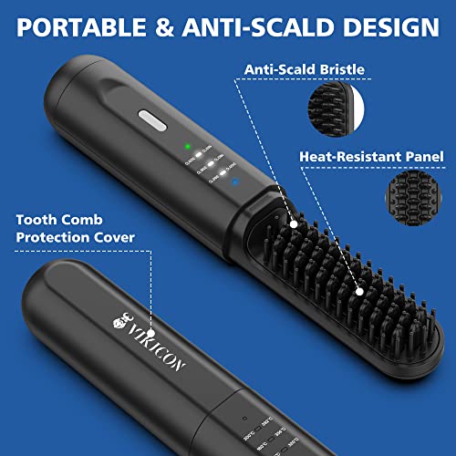 VIKICON Beard Straightener, Cordless Quick Heated Beard Straightener Brush for Men, 2 in 1 for Beard&Hair Comb, 3 Temperature Settings/Anti-Scald