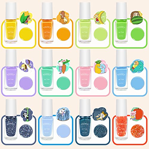 Kids Nail Polish Set for Girls 12 Candy Colors Childrens Nail Polish Kit Quick Dry for Kids Gifts with Stickers, Water-Based Non-Toxic Peel-Off R