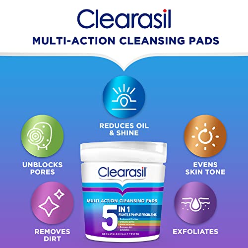 Clearasil 5-In-1 Multi-Action Cleansing Salicylic Acid Pads, Face Exfoliating For Acne Prone Skin, Unblock Pores, Reduces Blackheads, Pimples & E