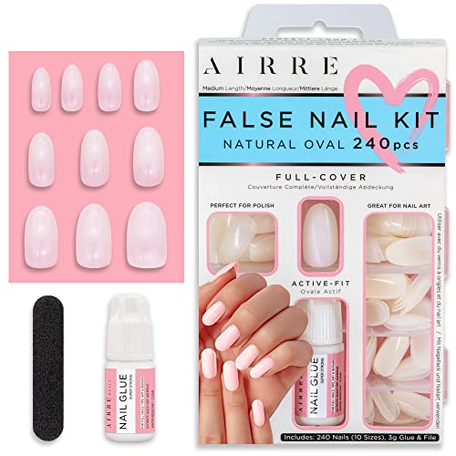 AIRRE 240pcs Medium Oval False Nails with Strong Glue - For UV/LED Gel, Polish & Nail Art. Natural Opaque Nail Kit (10 Sizes). DIY Manicure Nails