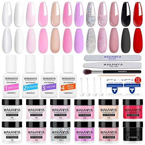 Dipping Powder Starter Kit, Wakaniya Dip Powder 12 Summer Colors Sun Changing Colour Dipping Powder Nail Set with 4 Liquid Base Top Coat, Activat