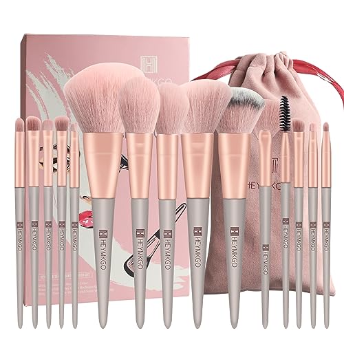 Makeup Brushes HEYMKGO 15pcs Premium Synthetic Bristles Green Conical Handle Kabuki Foundation Brush Makeup Sets Professional Portable Flannel Ba