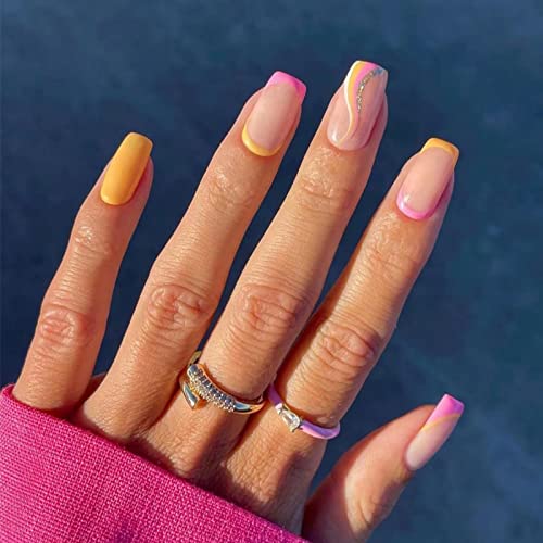 JUSTOTRY 24 Pcs Pastel Square Short False Nails,Multi Colour French Press on Nails Pattern, Cute Fake Nails Medium with Nail Glue,Rainbow Stick o