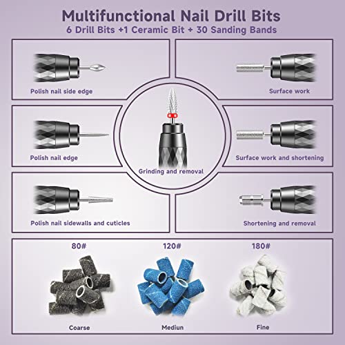 Professional Electric Nail Drill, Cordless Nail Drill Machine with Ceramic Nail Bit for Acrylic, Gel Nails, Manicure Pedicure Polishing Shape Too