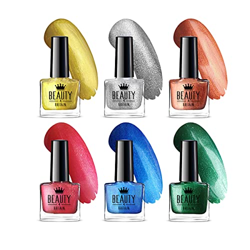 Beauty4Britain Glam & Shimmer Nail Polish Set - 6 Stunning Shades for Vibrant, Shiny Nails - Long-Lasting Formula, 10 ml Each
