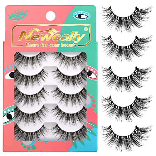 Newcally Eyelashes Russian Strip Lashes Natural Wispy Fluffy Thick Fake Eyelashes Plant Fiber Cat Eye 3D False Eye Lashes 5 Pairs Pack