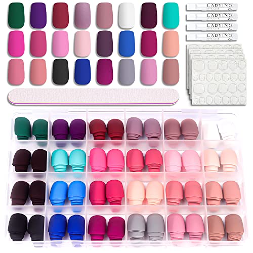 LADYING 24 Color (576 PCS) Matte Square Press on Nails Short,Colorful False Nails Short with Glue and Nail File,Reusable Stick on Nails with Tape