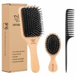Boar Bristle Hair Brush and Comb Set for Women Men Kids, Best Natural Wooden Paddle Hairbrush and Small Travel Styling Brush for Wet or Dry Hair