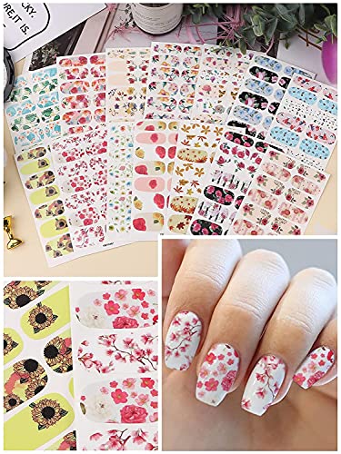 Kalolary Full Wraps Nail Polish Stickers, 14 Sheets Flowers Nail Stickers Decals Nail Design Stickers Colorful Flower Print Self-Adhesive with Na