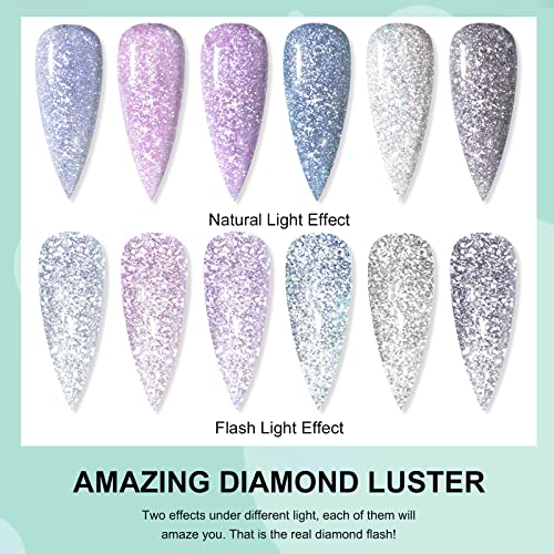 Saviland Reflective Glitter Gel Nail Polish Set - 6 Colors Super Flashing Diamond Gel Polish Set with Nail Brush, Purple Blue Black Sparkling Soa