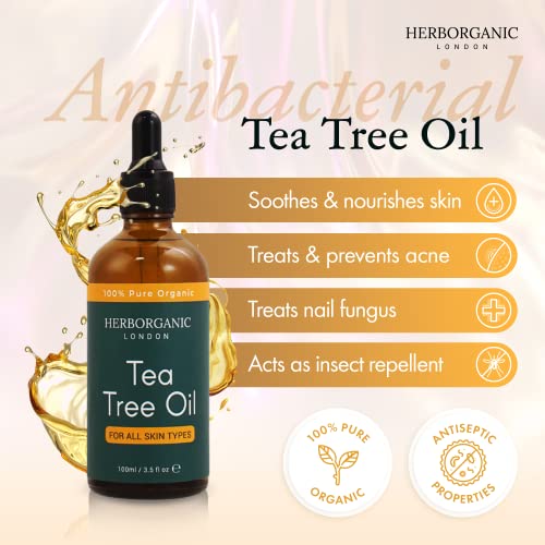 HerbOrganic Anti-bacterial Tea Tree Oil – 100 ml – Organic – Antiseptic – For Acne and Redness of Skin – For Pimples and Nail Fungus – Aromathera