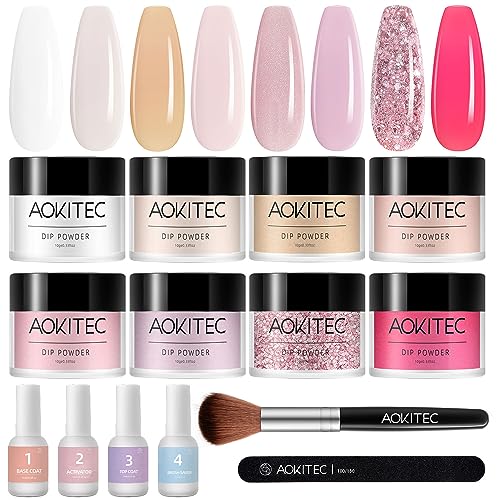 Aokitec 14Pcs Dip Powder Nail Kit Starter 8Colors Collection, Acrylic Dipping Powder Liquid Set with Base Top Coat Activator Brush Saver for Fren