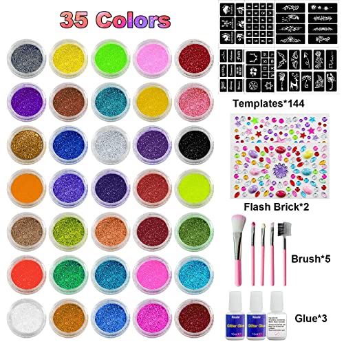 Roizefar Glitter Tattoos for Kids - 35 Colours Glitter Tattoos with 144 Templates, Non-toxic Temporary Glitter Tattoos Kit, Flash Body Make-up fo