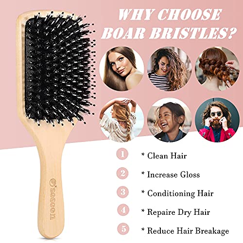 Hair Brush, Sosoon Boar Bristle Paddle Hairbrush for Long Thick Curly Wavy Dry or Damaged Hair, Reducing Hair Breakage and Frizzy No More Tangle,