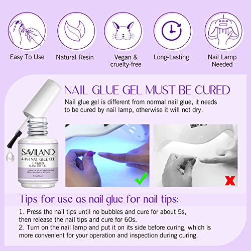 Saviland 4-in-1 Nail Glue Gel - 15ML Gel Nail Glue, Glue Gel for Press on Nails & Fake Nails, Gel Base Strengthen for Nails, Slip Solution for Po