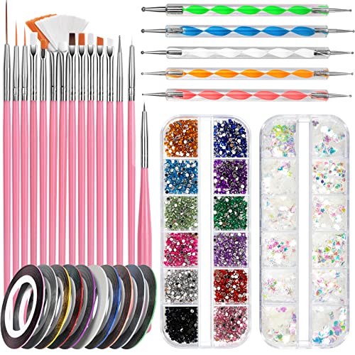 FANDAMEI Nail Starter Kit with Nail Gems - 15pcs Nail Pen Designer + 5pcs Dotting Tool + 10pcs Nail Striping Tape + 12 Boxes Nail Crystals + 12 B