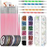 FANDAMEI Nail Starter Kit with Nail Gems - 15pcs Nail Pen Designer + 5pcs Dotting Tool + 10pcs Nail Striping Tape + 12 Boxes Nail Crystals + 12 B
