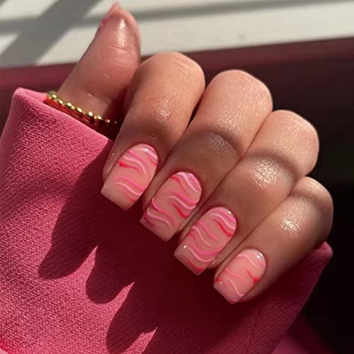 JUSTOTRY 24 Pcs Pastel Square Short False Nails,Multi Colour French Press on Nails Pattern, Cute Fake Nails Medium with Nail Glue,Rainbow Stick o