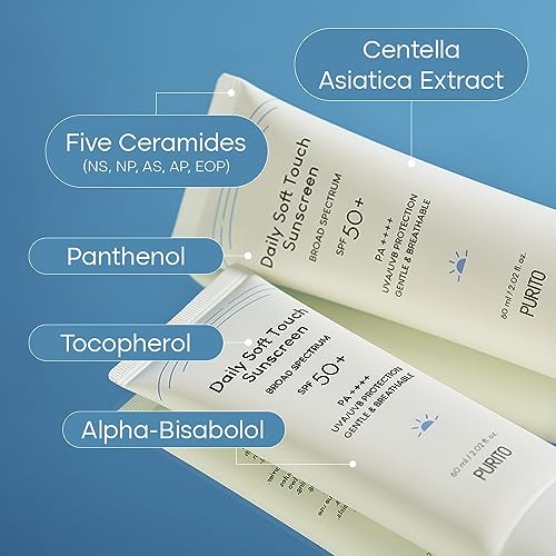 PURITO Daily Soft Touch Sunscreen 60ml / 2.02 fl. oz. SPF 50+ PA ++++ safe ingredients, broad-spectrum, calm, soothing, Vegan, cruelty-free