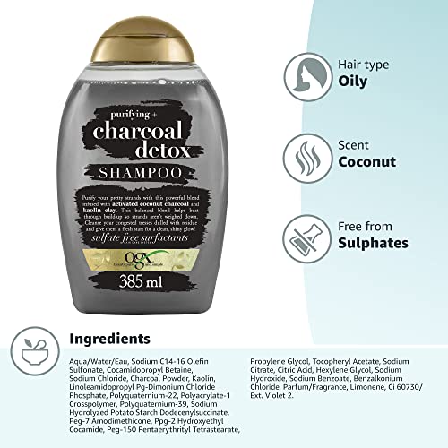 OGX Charcoal Clarifying Shampoo for Oily and Greasy Hair, 385 ml (Pack of 1)