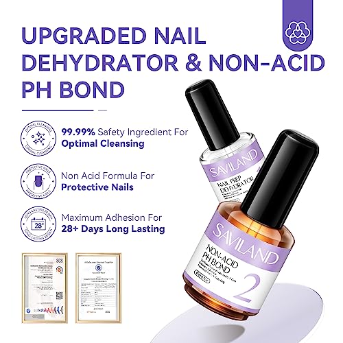 Saviland Nail Prep Dehydrate and Acid-free Primer, Fast Air Dry Long-Lasting Superior Bonding Nail Prep Set for Gel Nail Polish,Acrylic Powder et