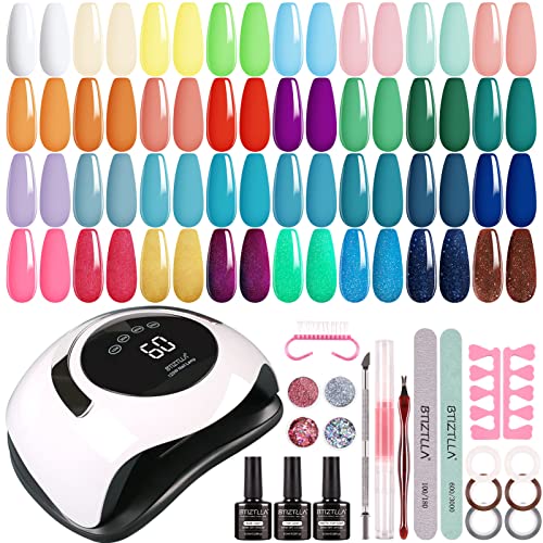Btiztlla 21 Colors Gel Nail Polish Kit with 120W LED Light, Red Nude Glitter Gel Nail Polish Set, UV LED Nail Lamp, No Wipe Base Top Coat, Manicu