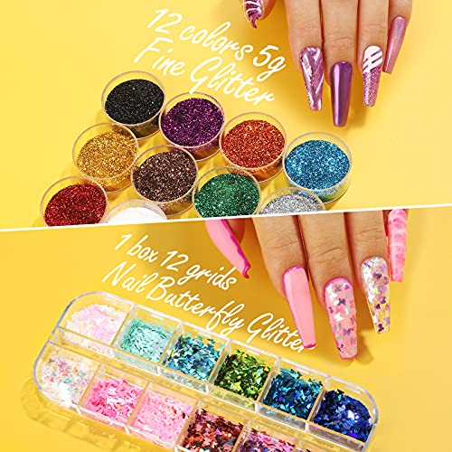 FANDAMEI Nail Art Kit, Nail Design Tools Kit with Nail Art Brushes, Nail Dotting Tools,Fine Glitter,Nail Butterfly, Nail Heart Glitter Sequins, N
