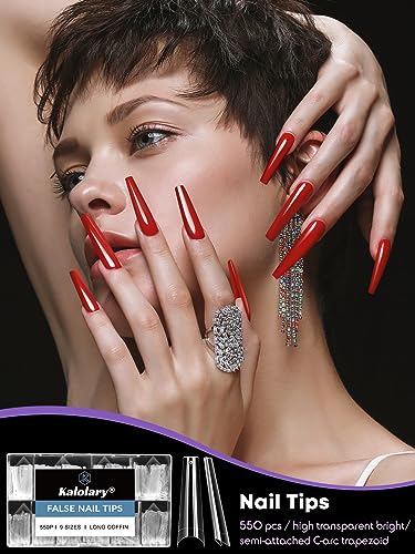 Kalolary Clear Extra Long False Nail Tips, 550PCS XXL Long Nail Tips Half Cover French False Nail Acrylic Fake Nail Tips with Box, for Nail Salon