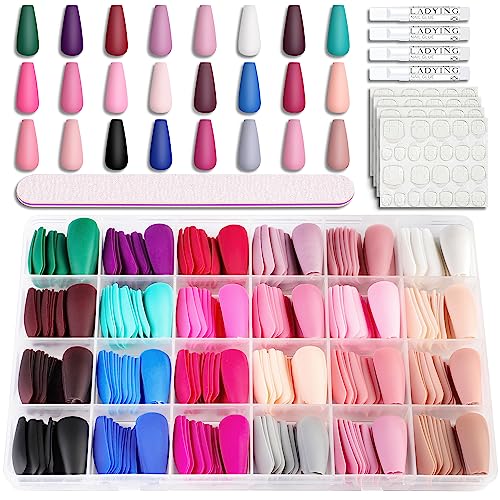 LADYING 24 Color (576 PCS) Matte Square Press on Nails Short,Colorful False Nails Short with Glue and Nail File,Reusable Stick on Nails with Tape