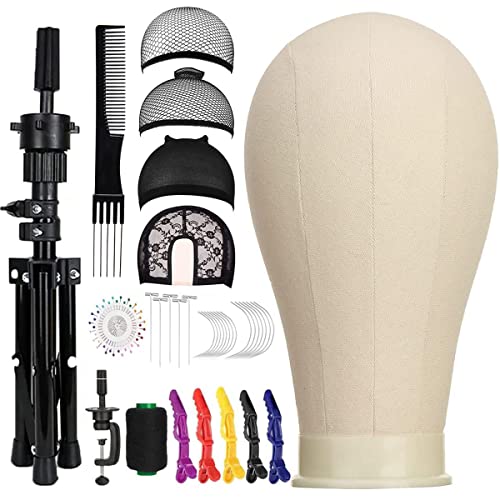 SZCY LLC 23 Inch Canvas Block Wig Head, Wig Stand Tripod with Head, Mannequin Head for Wigs, Manikin Canvas Head Block Set for Wigs Making Displa