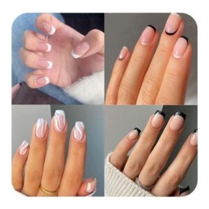 JUSTOTRY 4 Packs (96 Pcs) White and Black Square False Nails Short Pattern,Cheap and Durable French Press on Nails,Swirl Fake Nails Medium with N