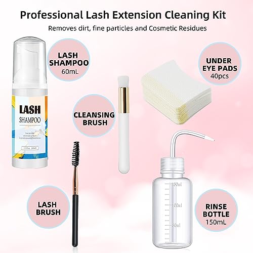 MULAFEE Eyelash Extension Cleanser, Lash Extension Shampoo Kit, Oils, Paraben & Sulfate Free Foaming 60 ML Eyelash Shampoo with Rinse Bottle and