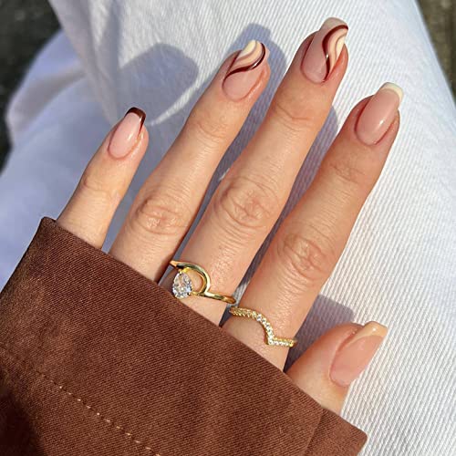 JUSTOTRY 24 Pcs Pastel Square Short False Nails,Multi Colour French Press on Nails Pattern, Cute Fake Nails Medium with Nail Glue,Rainbow Stick o