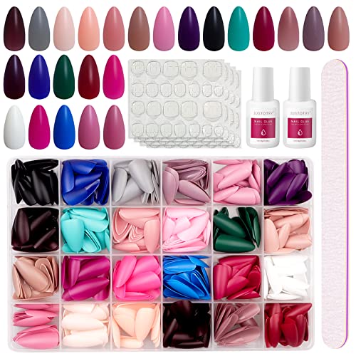 JUSTOTRY 24 Packs (576 PCS) Matte Almond Press on Nails Medium,Acrylic Oval False Nails with Glue and Nail File,Reusable Stick on Nails Short wit