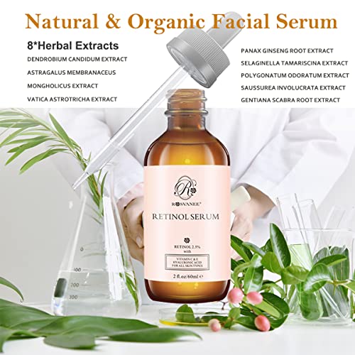 ROSVANEE Retinol Serum for Face 60ml - High Strength with 2.5% Retinol, Hyaluronic Acid, Vitamin C & E, Anti Aging Facial Serum for Skin Repair,