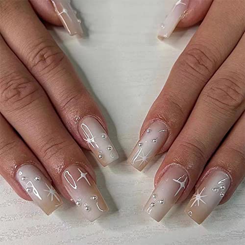 JUSTOTRY 24 Pcs Diamante Fake Nails Long, Nude French Press on Nails Patterns, Ballerina Stick on Nails for Women, Acrylic Medium Coffin False Na